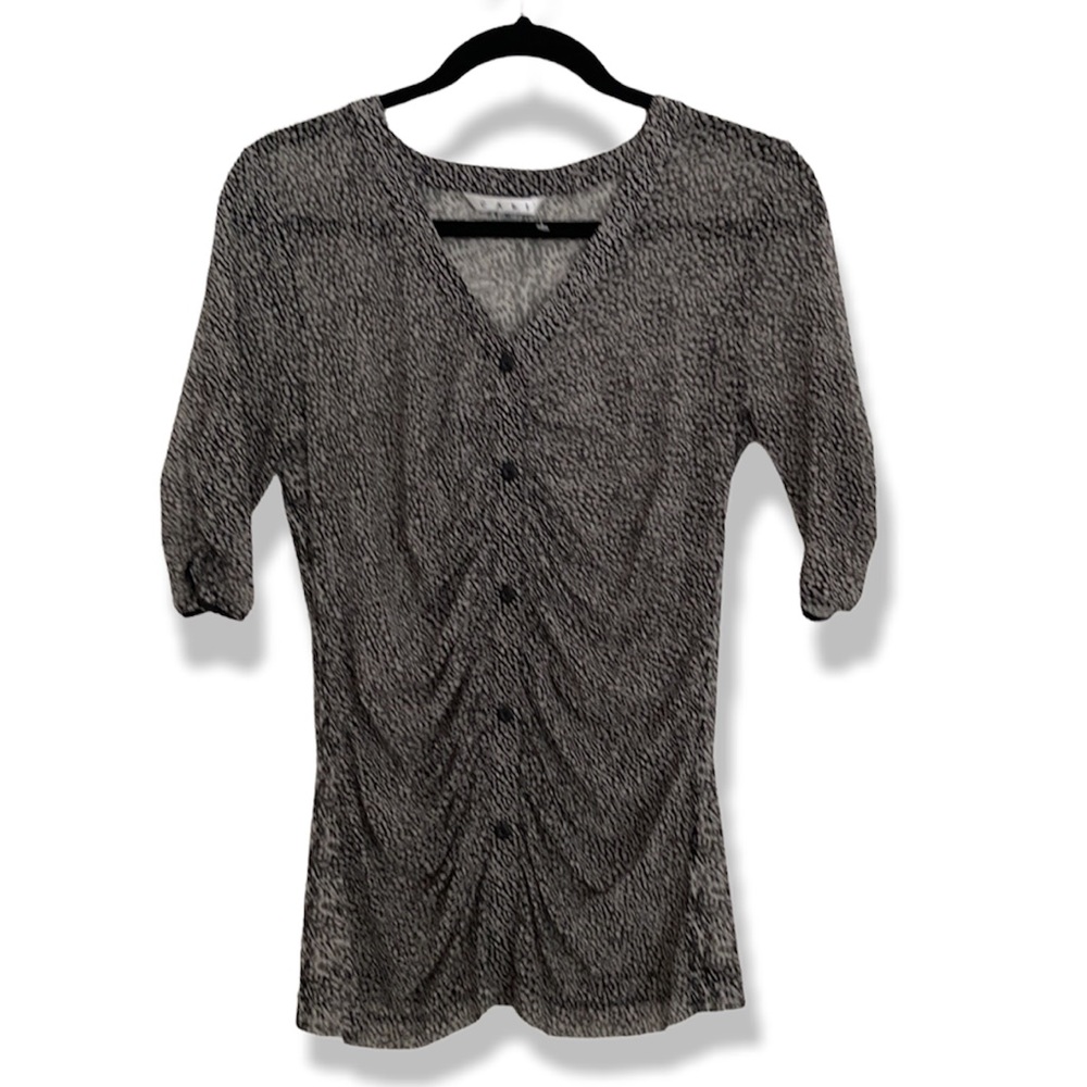 CAbi black white ruched style button blouse top